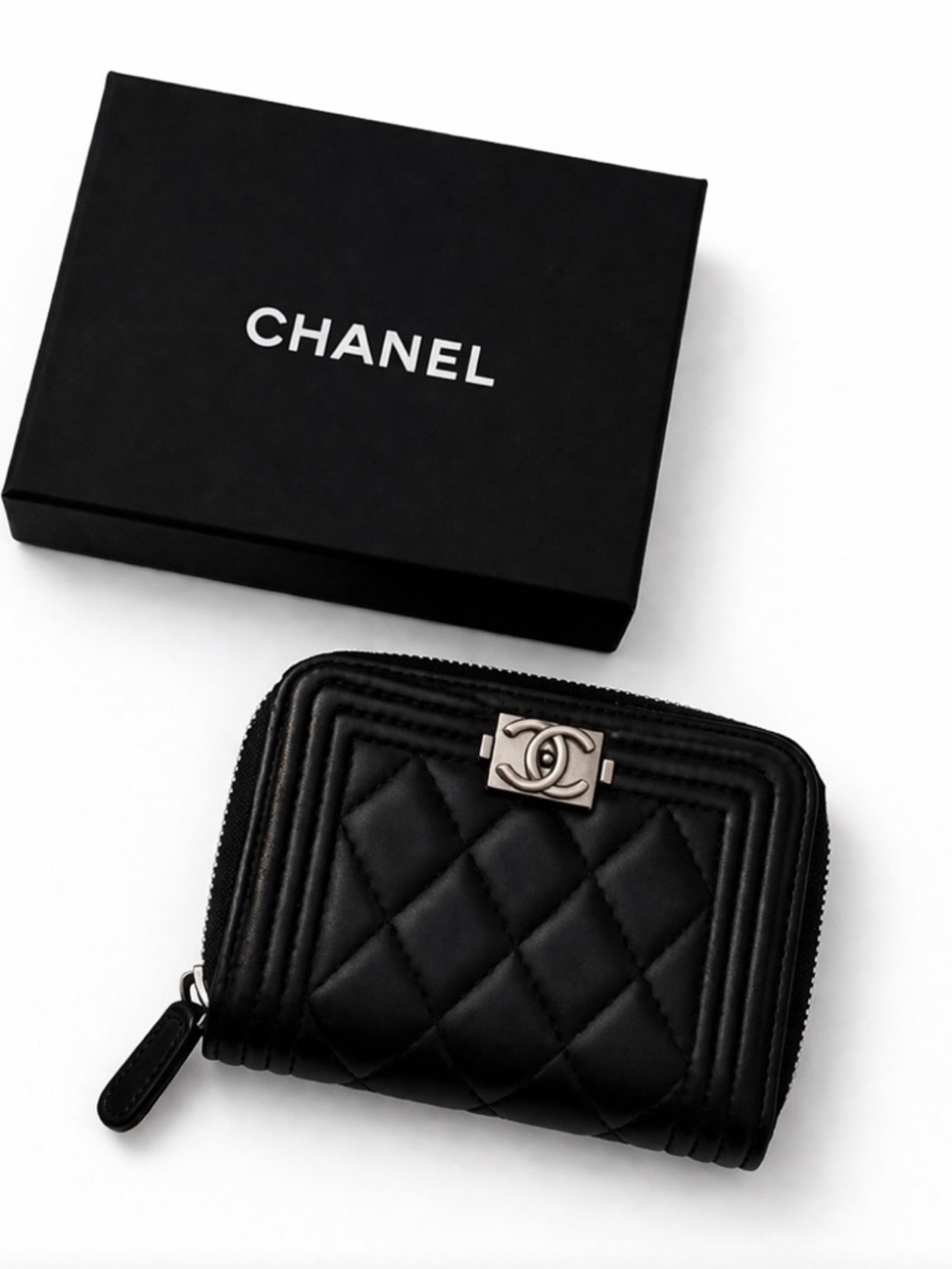 Chanel style Black Quilted Leather Zip Wallet